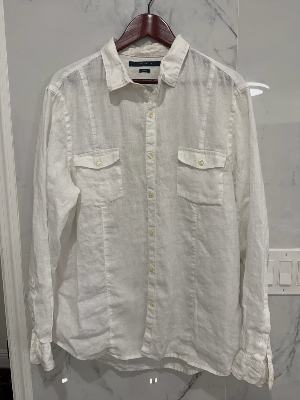 Perry Ellis linen off White Long-Sleeve Button-Down slim fit  Shirt size XXL men